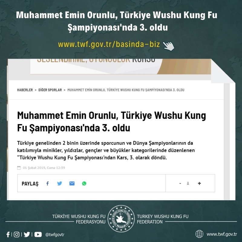 Muhammet Emin Orunlu, Türkiye Wushu Kung Fu Şampiyonası'nda 3. oldu