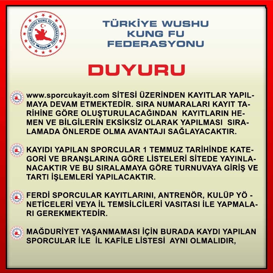 Önemli Duyuru / Türkiye Wushu Şampiyonası 2021